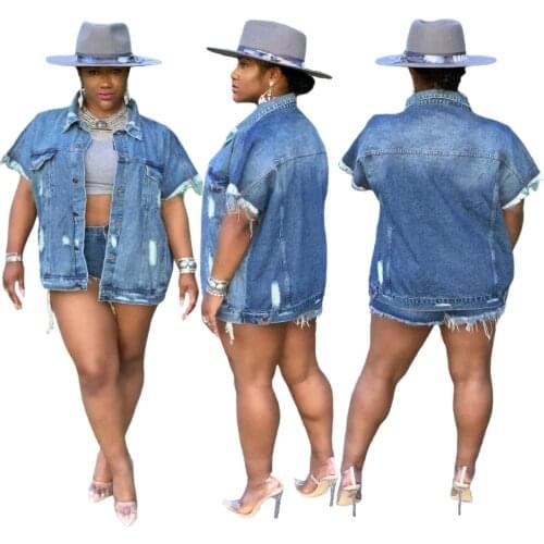 Sexy Fashion Women Denim Coat Short Sleeve Turn-down Collar Single-breasted Coats Blue All-match Loose Casual Jackets Streetwear