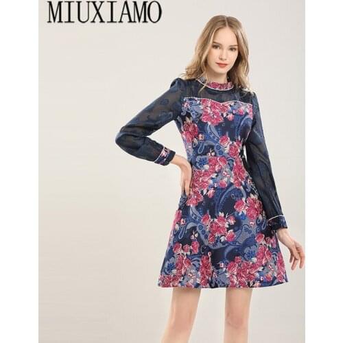 MIUXIMAO 2021 Spring Summer Dress New CuteFlower Print Elegant Long Sleeve Knee-Length Black Slim Dress Women Vestidos