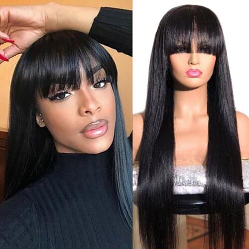 32inch Long Straight Human Hair Wigs With Bangs Brazilian Wigs With Bangs Full Machine Made Wig Cheap Human Hair Wigs For Wome
