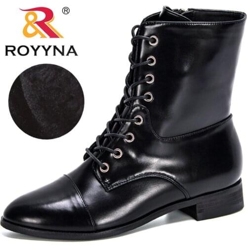 ROYYNA 2021 New Designers Lace Up Mid-Calf Boots Women Plush Winter Boots Woman Thick Heel Short Boot Ladies Popular Footwear