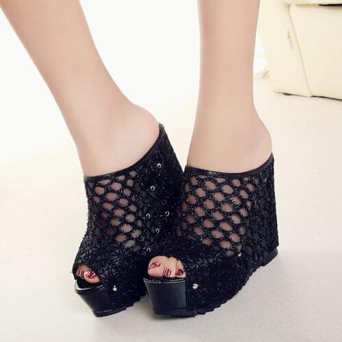 Akexiya High Heels Sandals Women Beach Wedge Slippers Women Summer Slides Open Toe Sexy Slope Heel Mesh Slippers Zapatos Mujer