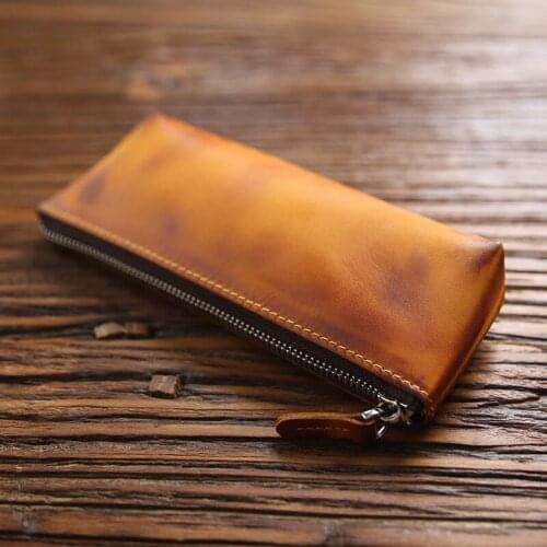 100% Genuine Leather Pen Bag For Men Women Children Vintage Handmade Long Zipper Wallet Coin Purse Pencil Case Storage Bag Male