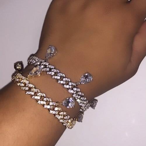 High Quality Full Rhinestone Pave With Iced Out tear drop cz Miami Cuban Link Chain Bracelet for women Rapper Hip Hop Jewelry