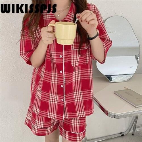 WIKISSPJS 2021 Summer Red Retro Red Plaid Womens New Casual Pajamas Two Piece Home Wear Pajamas for Teen Girls Lounge Wear