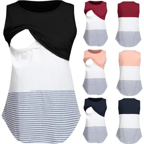 Womens pregnant comfortable sleeveless breastfeeding stripes patchwork casual pregnant women T-shirt cotton clothes