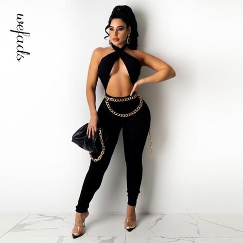 Wefads Womenssexy Nightclub Solid Color Halter Sexy Halter Halter Black Jumpsuit
