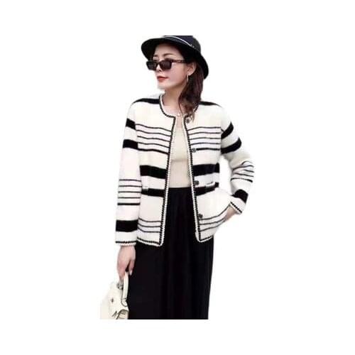 Simple Imitation Mink Womens Clothing Autumn And Winter New Knitted Korean Sweater Coat Black And White Stripe Color