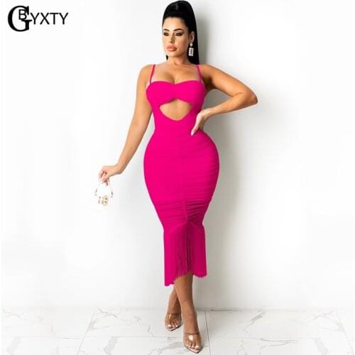 GBYXTY Sexy Strapless Cut Out Club Party Dress Women Summer Backless Tassel Hem Ruched Bodycon Midi Dress Vestido ZL1273