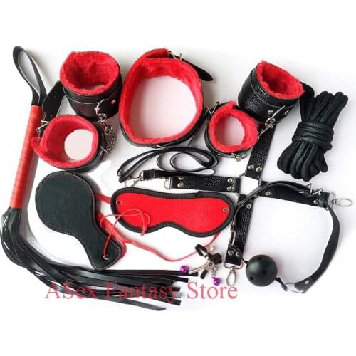10pcs/set Sex Bondage Restraint SM Kit Handcuffs Collar Gag Mask Paddle Whip Rope Feather Sex Toys for Couples Dress Play