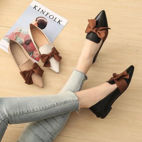 2020 Spring New Womens Single Shoes Bowknot Pointed Toe Bow Flat Sole Slacker Shoes Large 33-43 Leather Shoes Flat Heel Bowtie