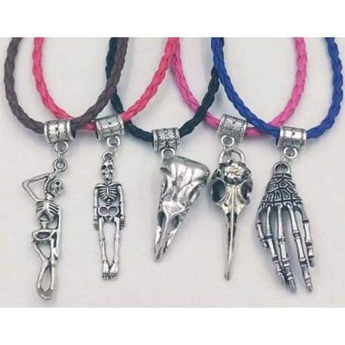 3D Skull Birdhead Religious Cross Egyptian Ankh Cross Leather Cord Pendant Necklace Charms New Fashion Jewelry