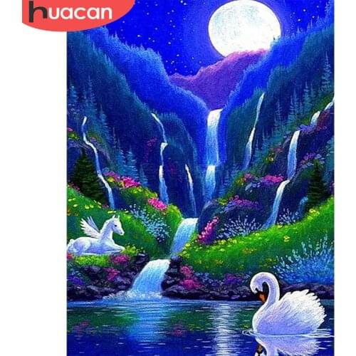 HUACAN Full Square/Round 5d Diamond Painting Waterfall Mosaic Landscape DIY Diamond Embroidery Swan Wall Art Home Decor