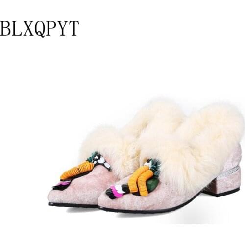 BLXQPYT 2018 New Sweet Big Size 32-48 Shoes Woman Autumn Winter Fur Ladies Loafers Pointe Toe Casual Wedding Party Shoes 018-21