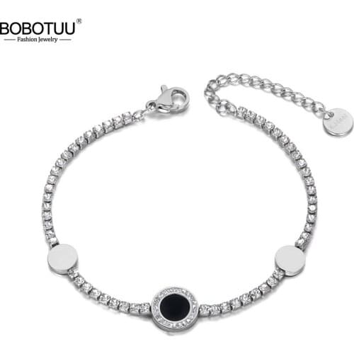 BOBOTUU Vintage Clay Rhinestone Disc Charm Bracelets For Women Stainless Steel CZ Crystal Chain Bracelet For Christmas BB19133