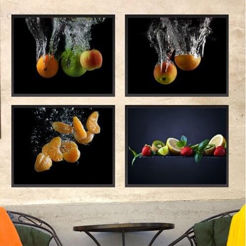 Canvas Painting Fresh Fruits In Water Splash Kitchen and Restaurant Scandinavian Posters and Prints Wall Art Room Decor Cuadros