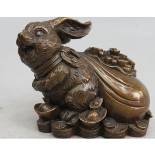 China Pure Bronze Auspicious Twelve Zodiac Wealth Moneybag rabbit Statue