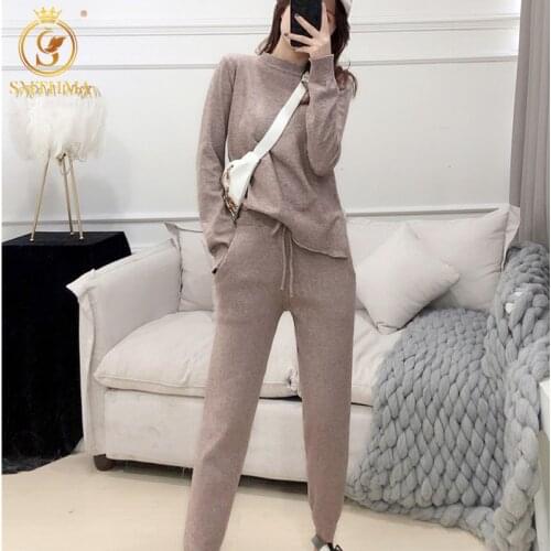 SMTHMA New Winter Women Casual Knit Sweaters Trousers Sets Solid Pullovers+Elastic Waist Pants Two Pieces Suits