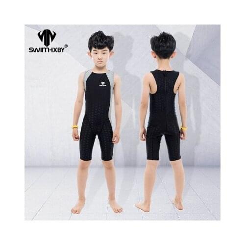 HXBY swimwear Swimwear Kids Competitive Swimming One Piece Swimsuit Knee Boys Swimsuits Bathing Suit Swim Wear