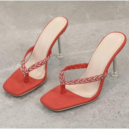 Fashion Women Sandals High Heels 2.75 Inches Beautiful Weave Style Clip Toe Slippers（Size 36-43