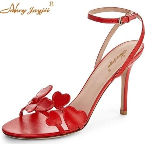 Nancyjayjii Women Red Pleather Open Toe Heart Shaped Decorated High Heels Sandals Daily Life&Casual Shoes for Woman ,Size 4-16