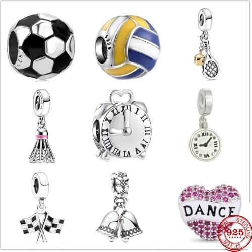 New 925 Sterling Silve Football Tennis badminton Beads Dangle Charms Fit Original Pandora Bangles Women Fashion DIY Jewelry Gift