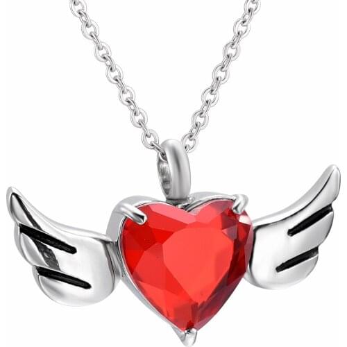IJD0904 Stainless steel Cremation urn Necklace Red Birthstone Memorial Ashes Holder Keepsake Heart urn Locket Angel wings Ashes