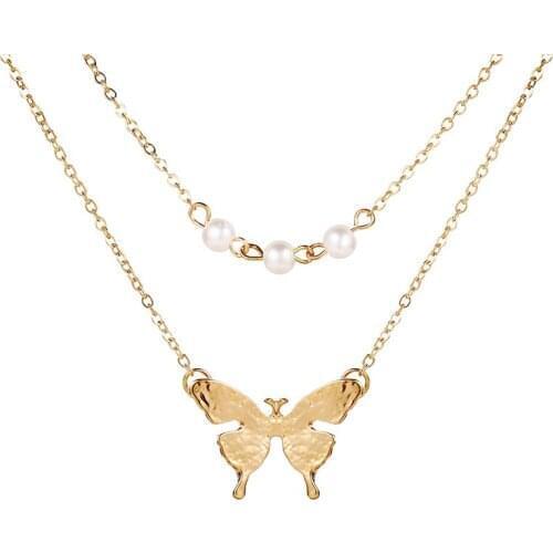 Bohemian Double Layer Butterfly Imitation Pearl Pendant Necklace for Women Statement Jewelry Accessories Fashion Women Necklace