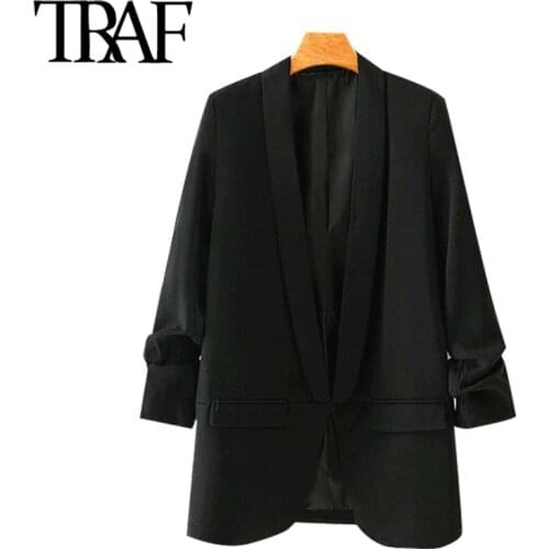 TRAF Women Fashion Office Wear Basic Black Blazer Coat Vintage Pleated Sleeve Pockets Female Outerwear Chic Tops