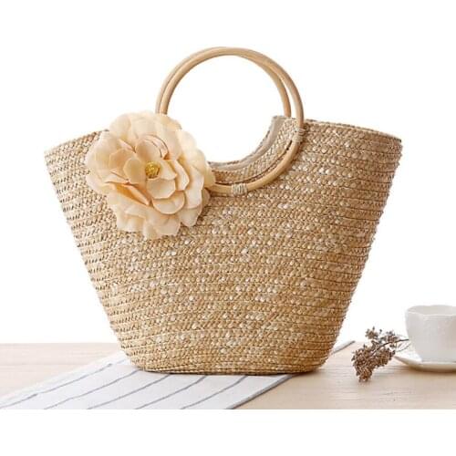 Rattan handle woven bag flower hand carry straw woven bag beach bag cosmetic bag