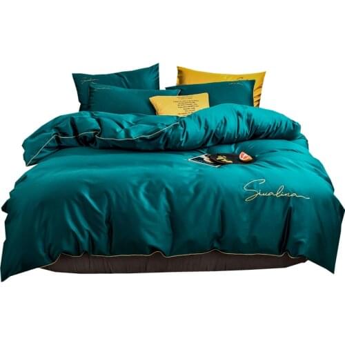 2021 Four-piece bedding simple cotton double household bed sheet quilt cover embroidered piping comfortable bedding bright green
