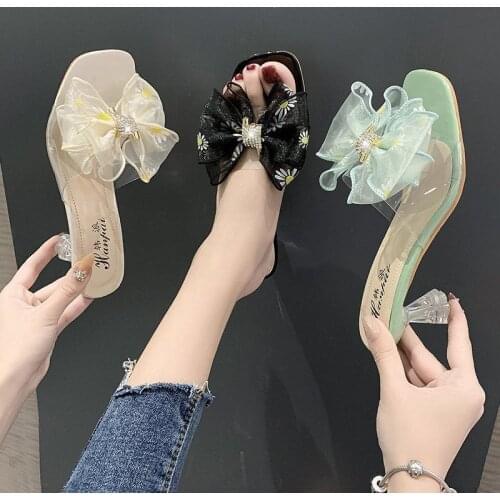 Net-yarn-Butterfly-knot Outside Women Sandals Summer Sweet Ladies Slippers High (5cm-8cm) for Womans Slides Casual Sexy Shoes