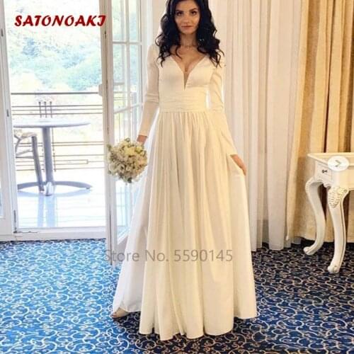 Modest Satin Long Sleeve Wedding Dress 2020 V-Neck Button Back Boho Garden Bridal Gown Floor Length Vestido De Novia Online Shop