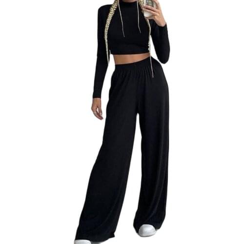 High Waist Tracksuit Women Pant Sets Wide Leg Long Sleeve Turtleneck Cropped Top Short Suits Sweatpants Womens Lounge Wear Set
