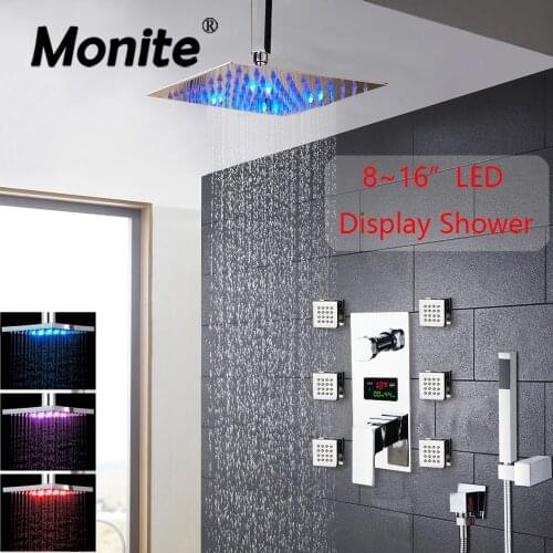 8~16 Inch LED Bathroom Shower Set Faucet Ceiling Square Chrome Brass Message Jets Digital Display Rainfall Kit Mixer Hand Shower