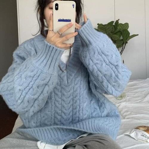 Women 2021 Autumn Winter New V-neck Twist Sweater Tops Female Loose Thicken Pullovers Ladies Solid Color Knitted Jumpers R572