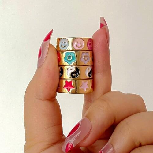 Vintage Boho Colorful Smiley Face Flower Enamel Ring For Women Girls Drip Glaze Yin Yang Star Metal Finger Rings Trendy Jewelry