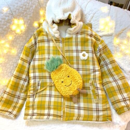 Japanese Soft Girl Young Girl Small Fresh Poached Egg Embroidery on Both Sides Wearing A Coat Lamb Wool Plus Hooded Plaid Parkas