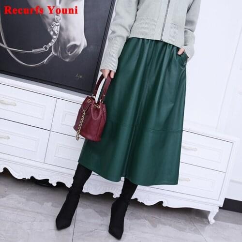 Jupe Longue Femme 2021 Women Genuine Leather Harajuku High Elastic Waist Casual Pocket 80 cm Long Skirt Mujer Black Faldas
