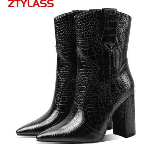 2021 Black White Stone Pattern Faux Leather Women Boots Chunky High Heel Ankle Boots Fashion Autumn Winter Woman Boots Shoes