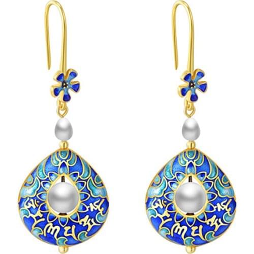 Coeufuedy 925 Sterling Silver Cloisonne Drop Earrings Ethnic Blue Earrings For Women Gift Freshwater Pearl Light luxury Jewelry