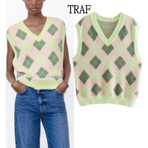 TRAF Za Women Sweater Vest 2021 Vintage Lingge Sleeveless Sweater Female Oversized Vest Women Clothing Autumn Loose Knitted Vest