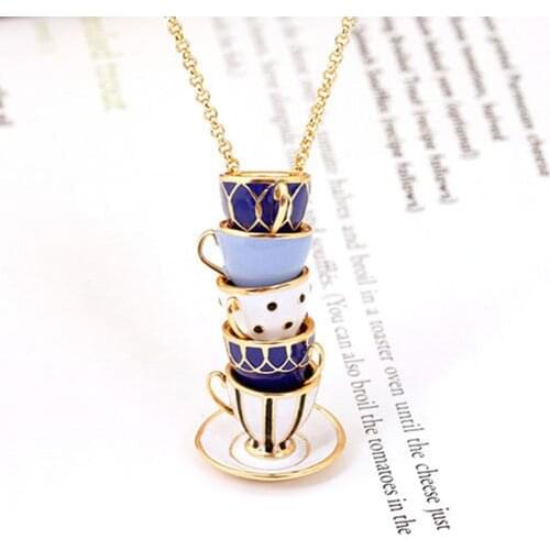 Women Fashion Hand Painted Enamel Teacup Pendant Necklace Long Chain Choker Statement Jewelry Clothes Accessories Wholesale