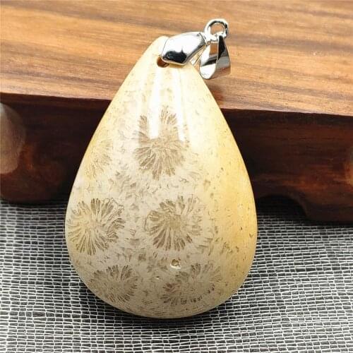42x29x13mm Natural Chrysanthemum White Coral Pendant Women Men Water Drop Stone Crystal Necklace Jewelry AAAAA