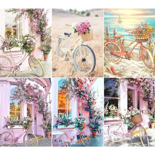 5D DIY Diamond Painting Pink Bicycle and Flower Landscape Diamond Inlaid Art Painting Rhinestone Crafts Kit Gift Home Decoration