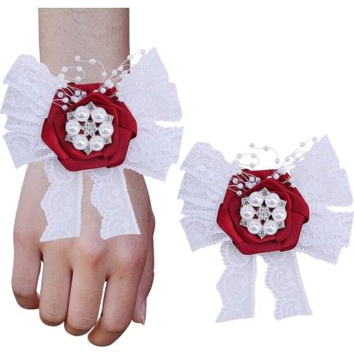 American Bride and Bridesmaid Wrist Flower Wine Red Mens Corsage Suit Rhinestone Pearl DIY Romantic Wedding Props T051