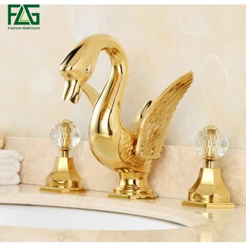 FLG Golden Plated Solid Brass Basin Faucets Animal Swan Faucet Dual Crystal Handles Vanity Bathroom Sink Mixer Tap