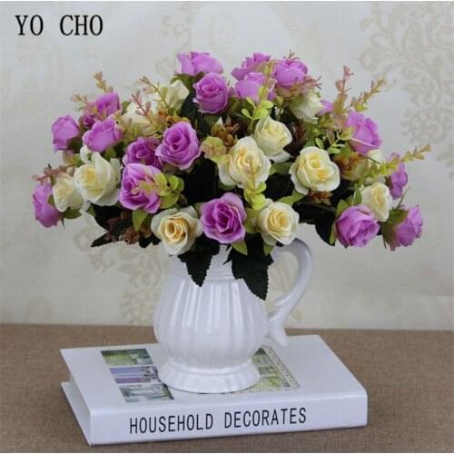 YO CHO Fake Rose 10 Heads Flower Mini Bouquet Silk Rose Bunch Living Room Decor Table Simulation Flower Burgundy Blue Purple