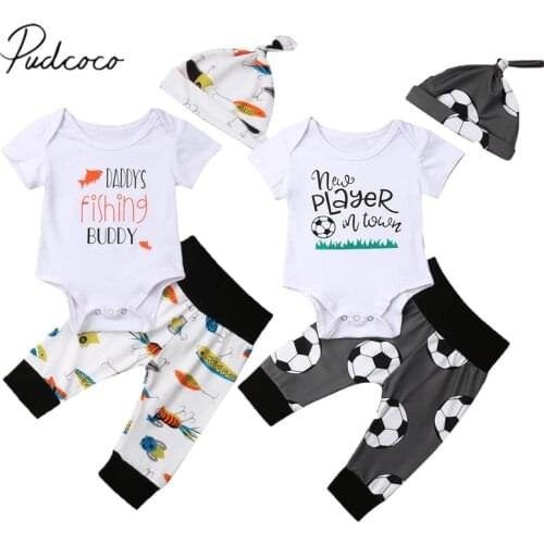 2019 Brand New Newborn Infant Baby Girl Boy Fish Print Outfits Clothes 3PCS Letter Cartoon Romper Pants Leggings Hats Set 0-18m
