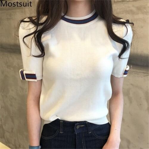 2020 Summer Color-blocked Korean Knitted Tops T-shirts Women Bowtie Sleeve O-neck Casual Fashion Tees Tshirts Women Clothes