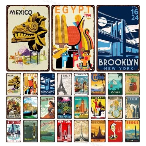Retro Mexico Paris New York City Metal Tin Sign Tourism Landscape Colorful Iron Poster Anti-Fading Decoration